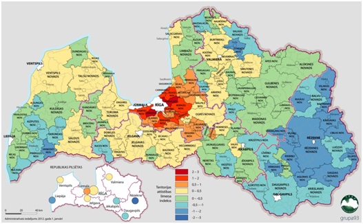 Novadu un republikas pilsētu teritorijas attīstības līmeņa indekss, 2011. gads.