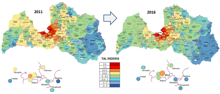 Novadu un republikas pilsētu TAL indekss, 2011. gadā un 2016. gadā