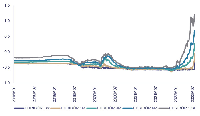 Eiro naudas tirgus likmes dažādiem termiņiem (%)