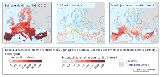 Kopējā ar klimatu saistītā meža ugunsgrēku bīstamība pašlaik un atbilstoši diviem nākotnes scenārijiem