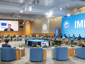 European Commissioner for Trade Valdis Dombrovskis speaks during the IMFC Plenary meeting